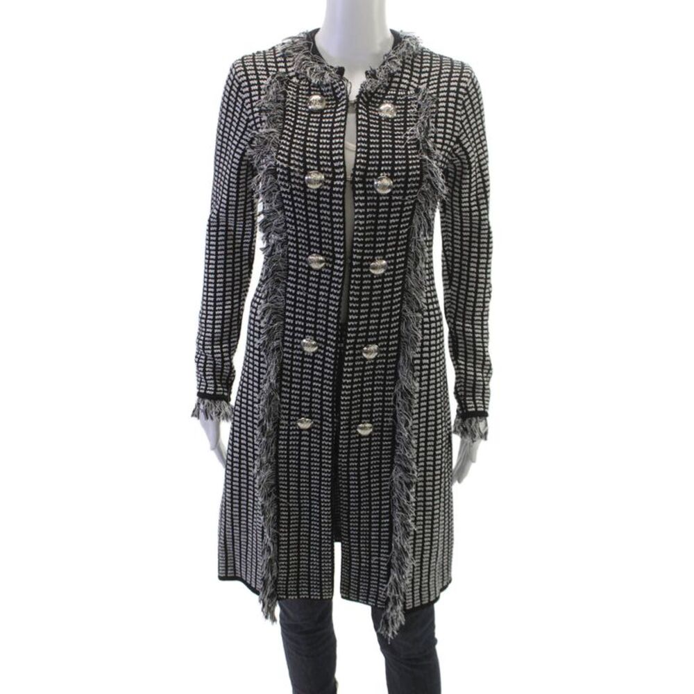 Babylon Womens Collared Geometric Black Cardigan Virgin Wool Hook & Loop Size 1